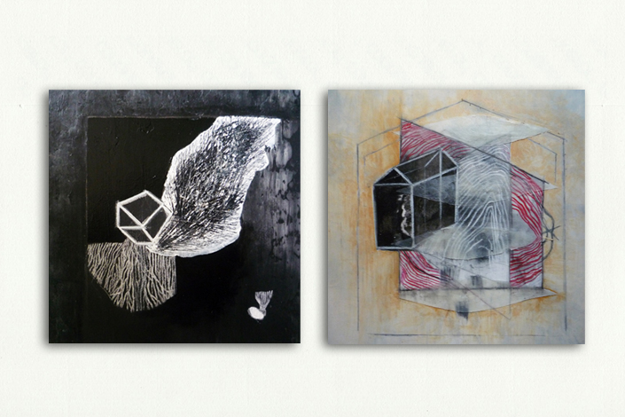 Serie Abstracción y Memoria. 'Huida' y 'Casa de nubes'. Mixta sobre MDF. 25 x 25 cm.