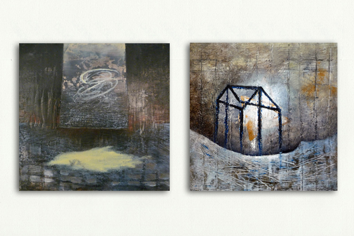 Serie Abstracción y Memoria. 'El tiempo pasa' y 'Casa de nube II'. Mixta sobre MDF. 25 x 25 cm.